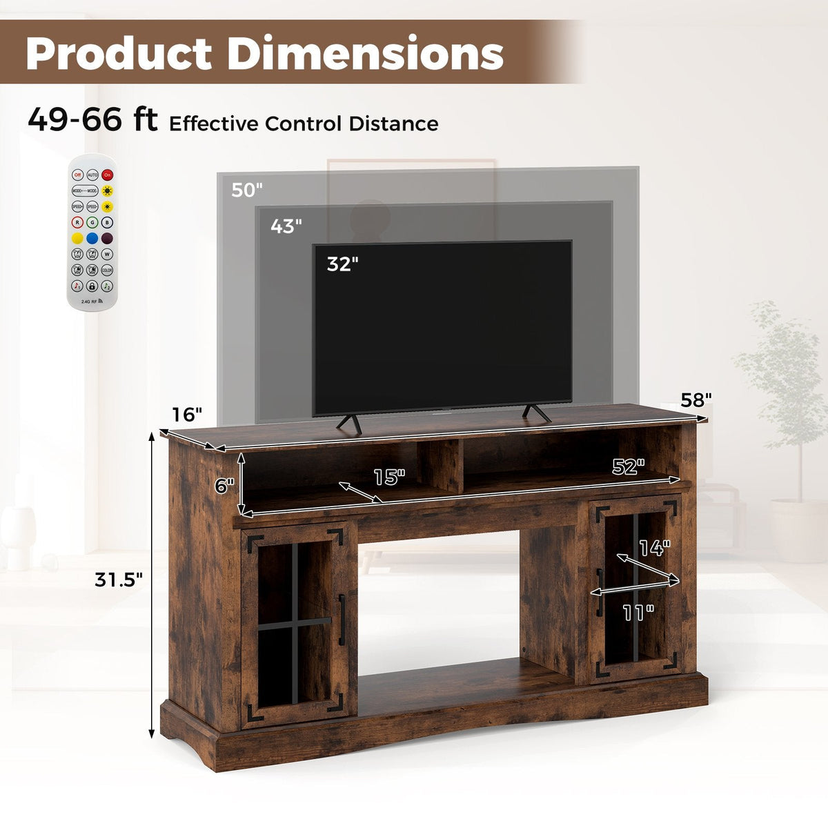 TV Stand with LED Lights and Remote Control-Rustic Brown