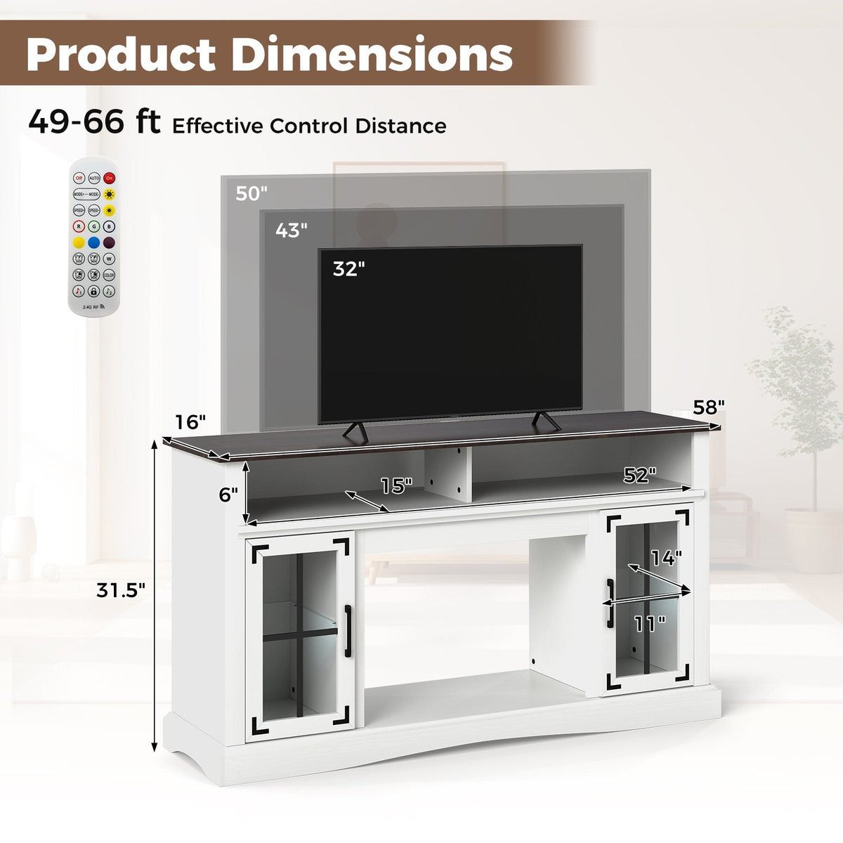 TV Stand with LED Lights and Remote Control-White