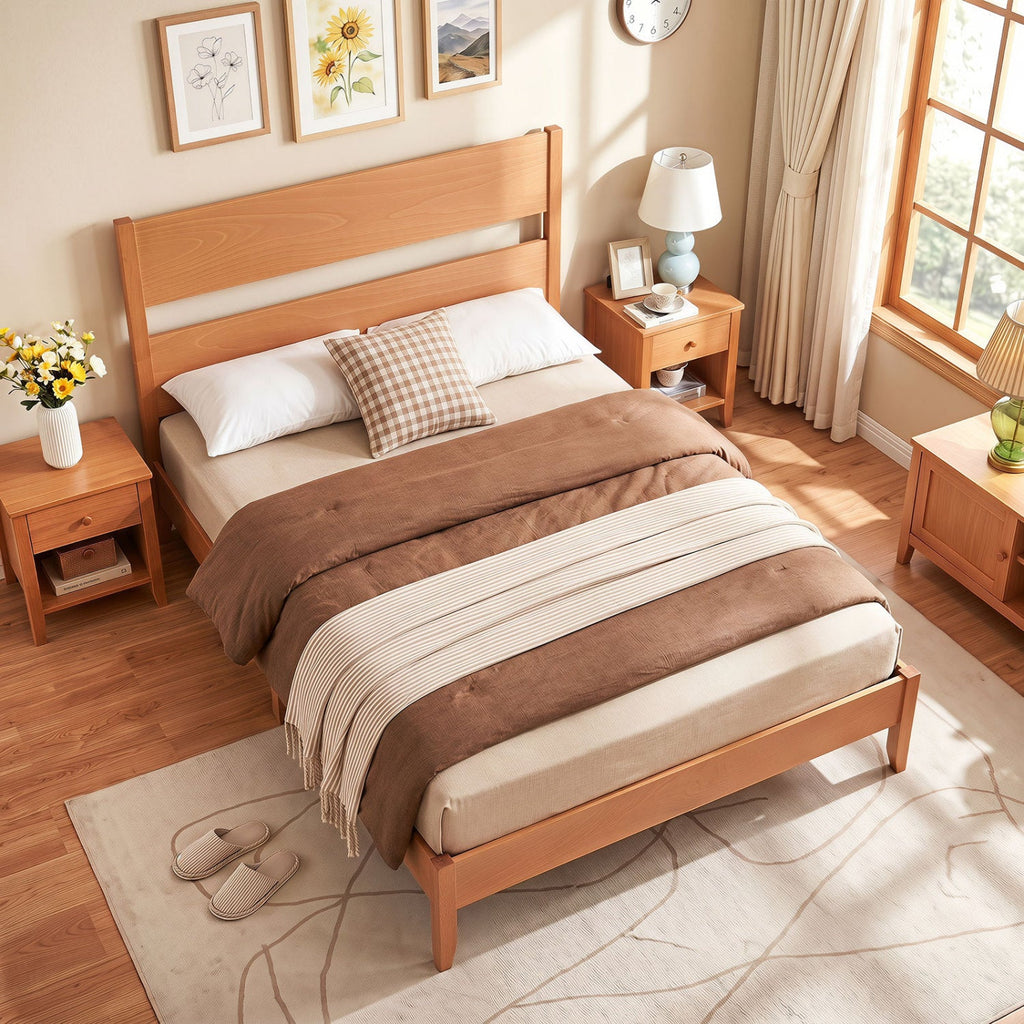 Full Bed Frame with Headboad and Solid Wood Legs 12 Slats-Warm Brown