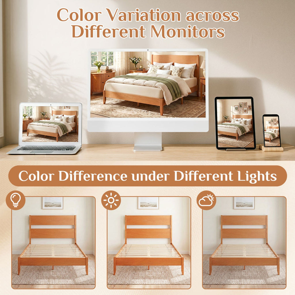 Full Bed Frame with Headboad and Solid Wood Legs 12 Slats-Warm Brown