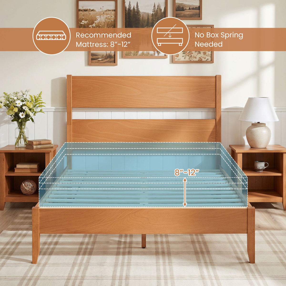 Full Bed Frame with Headboad and Solid Wood Legs 12 Slats-Warm Brown
