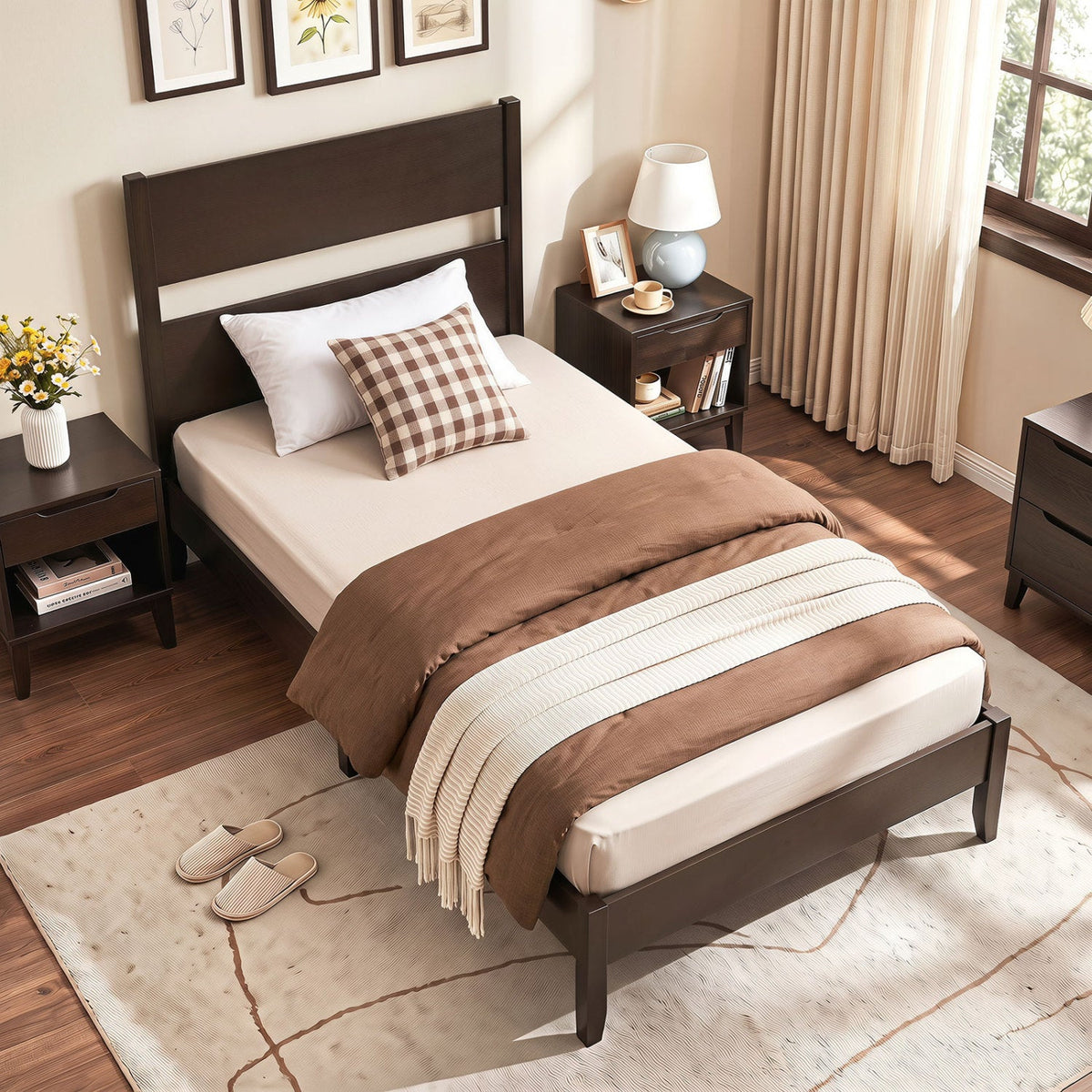 Twin Bed Frame with Headboard with Solid Wood Legs 12 Slats-Rustic Brown-Dark Walnut