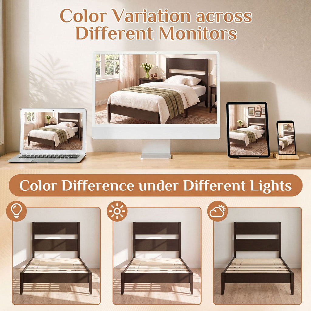 Twin Bed Frame with Headboard with Solid Wood Legs 12 Slats-Rustic Brown-Dark Walnut