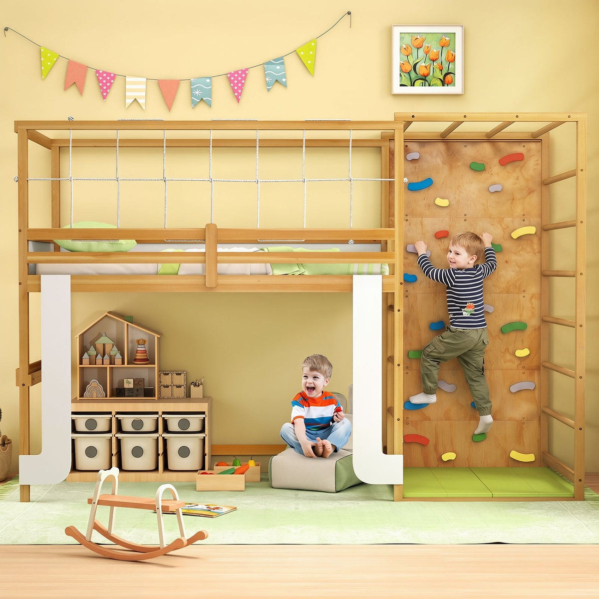 Twin Bunk Bed with Jungle Gym Wooden Loft Bed with Climbing Ladder-Natural