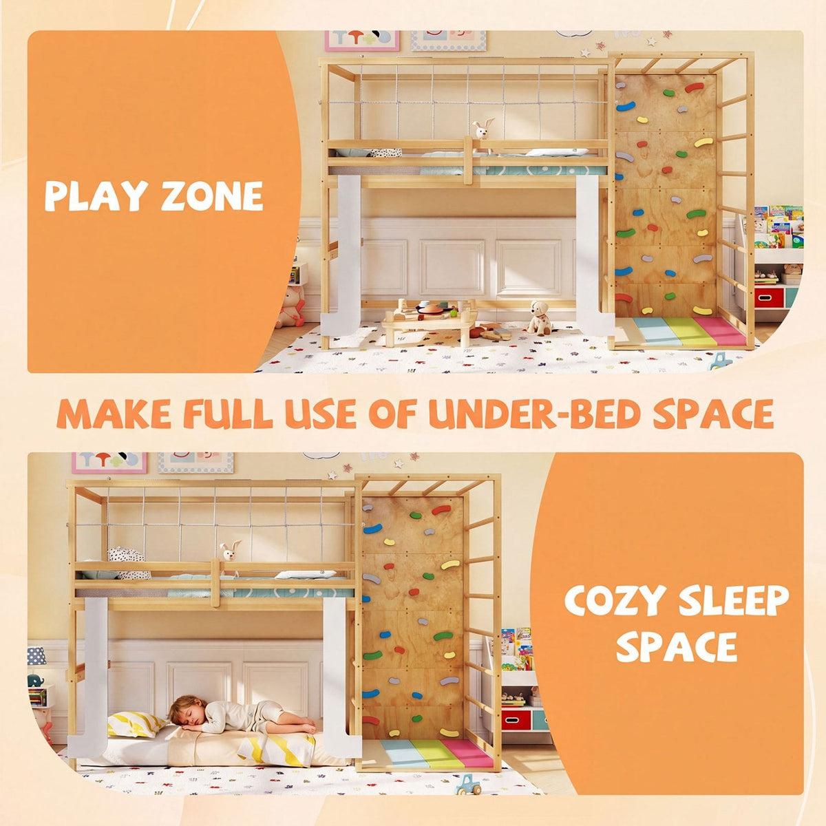 Twin Bunk Bed with Jungle Gym Wooden Loft Bed with Climbing Ladder-Natural