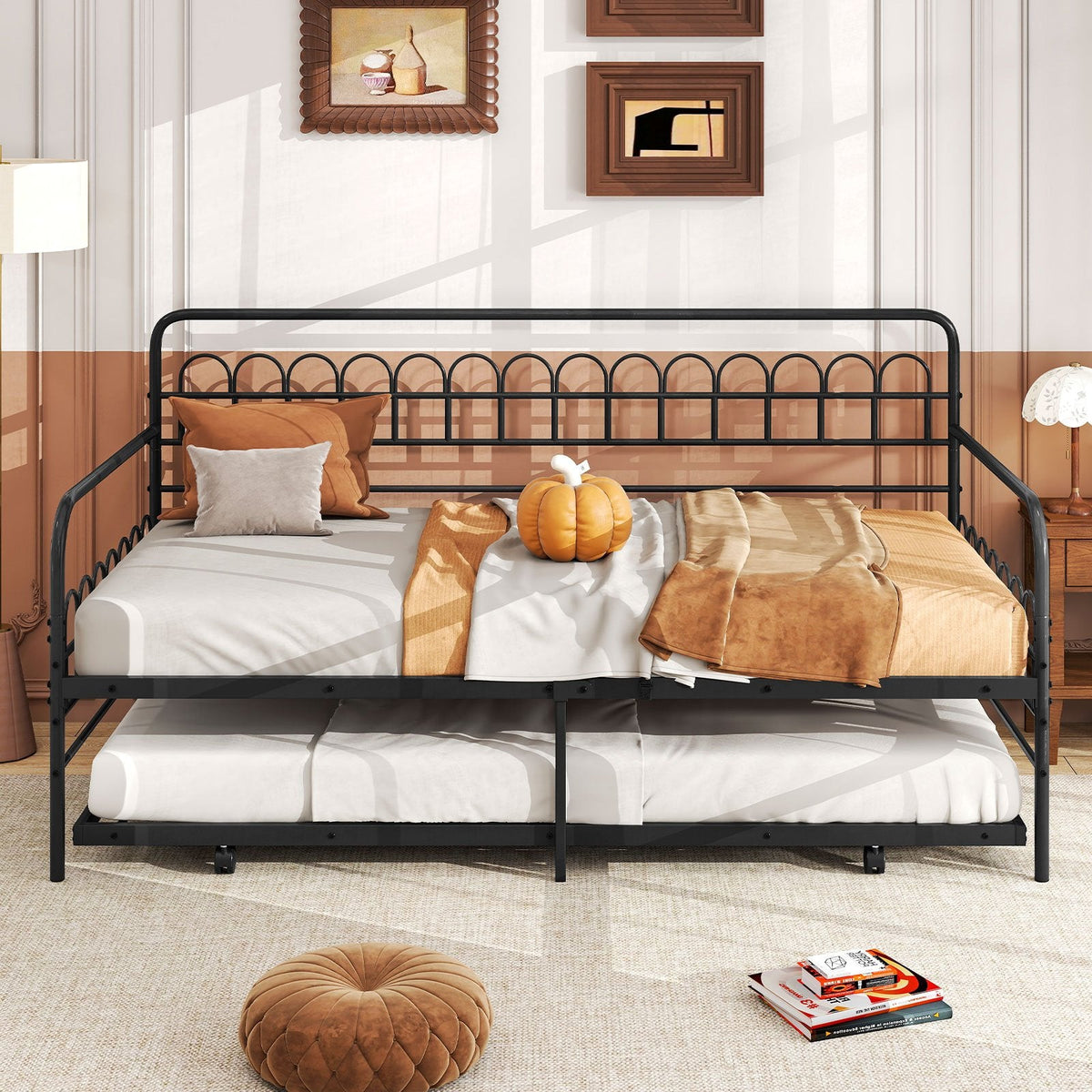 Twin Daybed with Curved Backrest and Armrests-Black