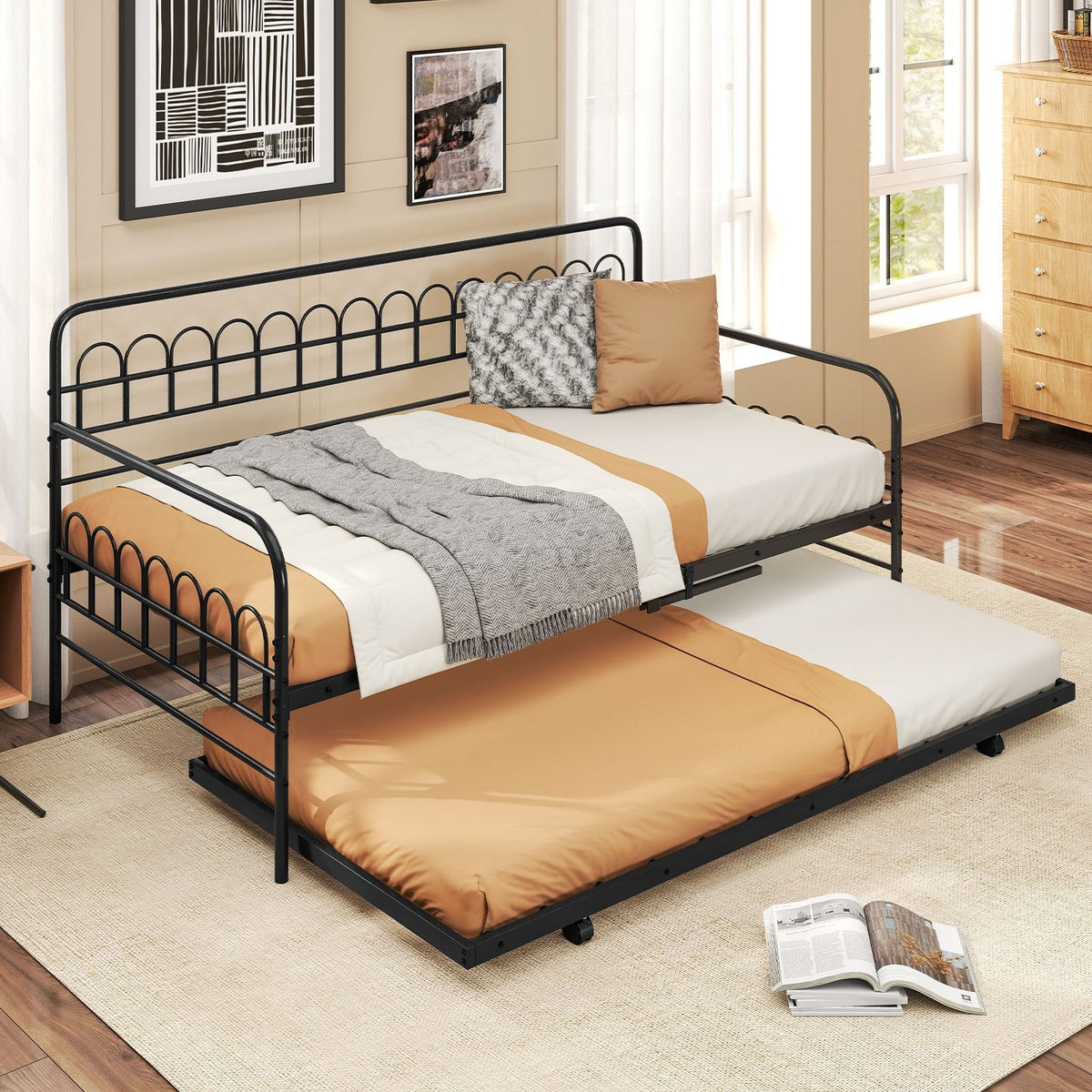 Twin Daybed with Curved Backrest and Armrests-Black