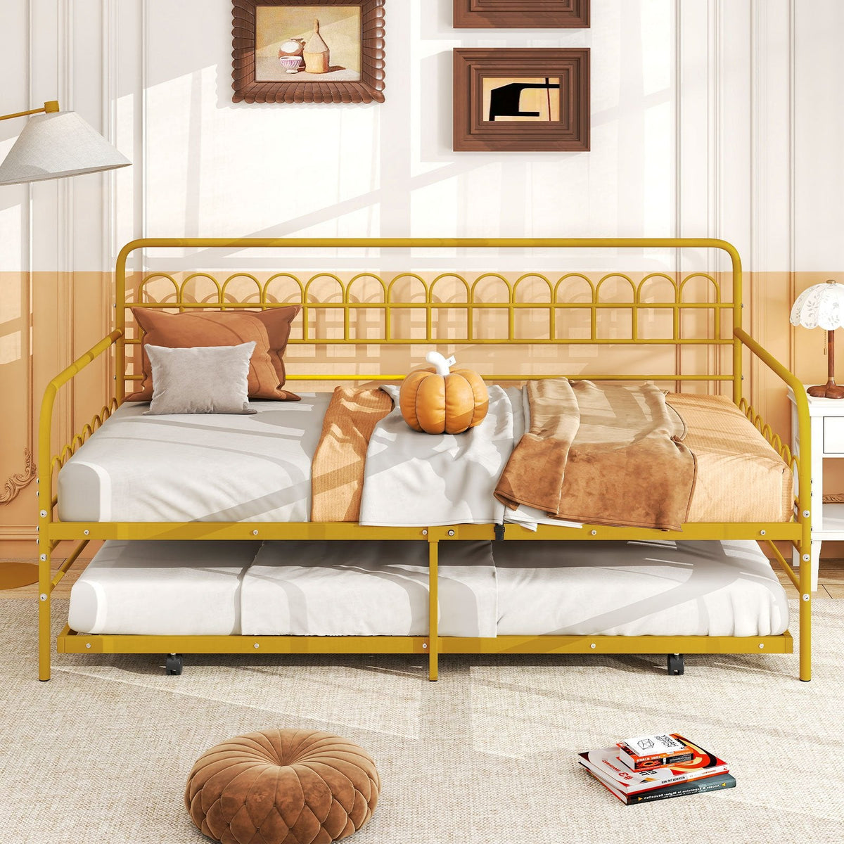 Twin Daybed with Curved Backrest and Armrests-Gold