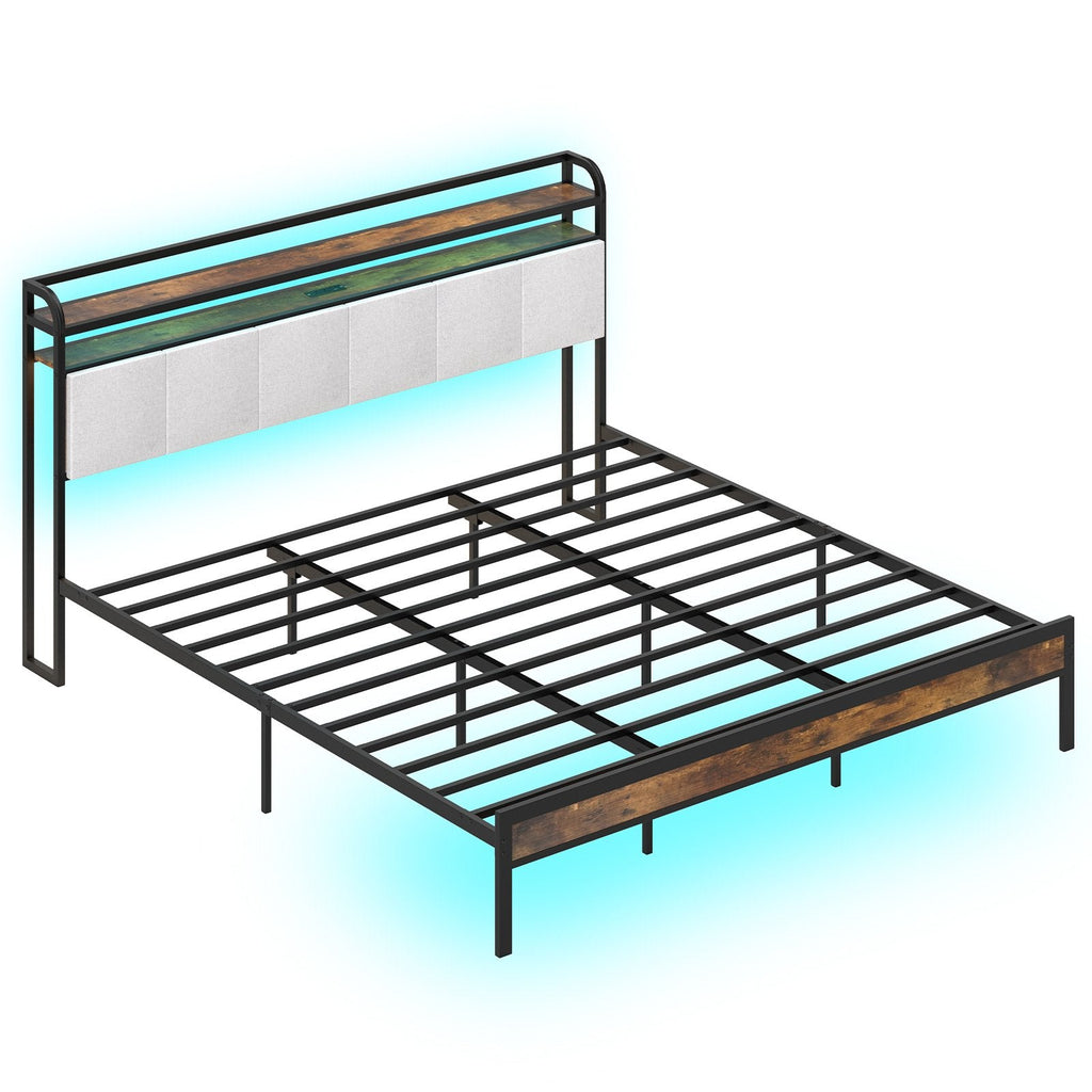 King Metal Platform Bed with LED Lights, Charging Station and Storage Headboard