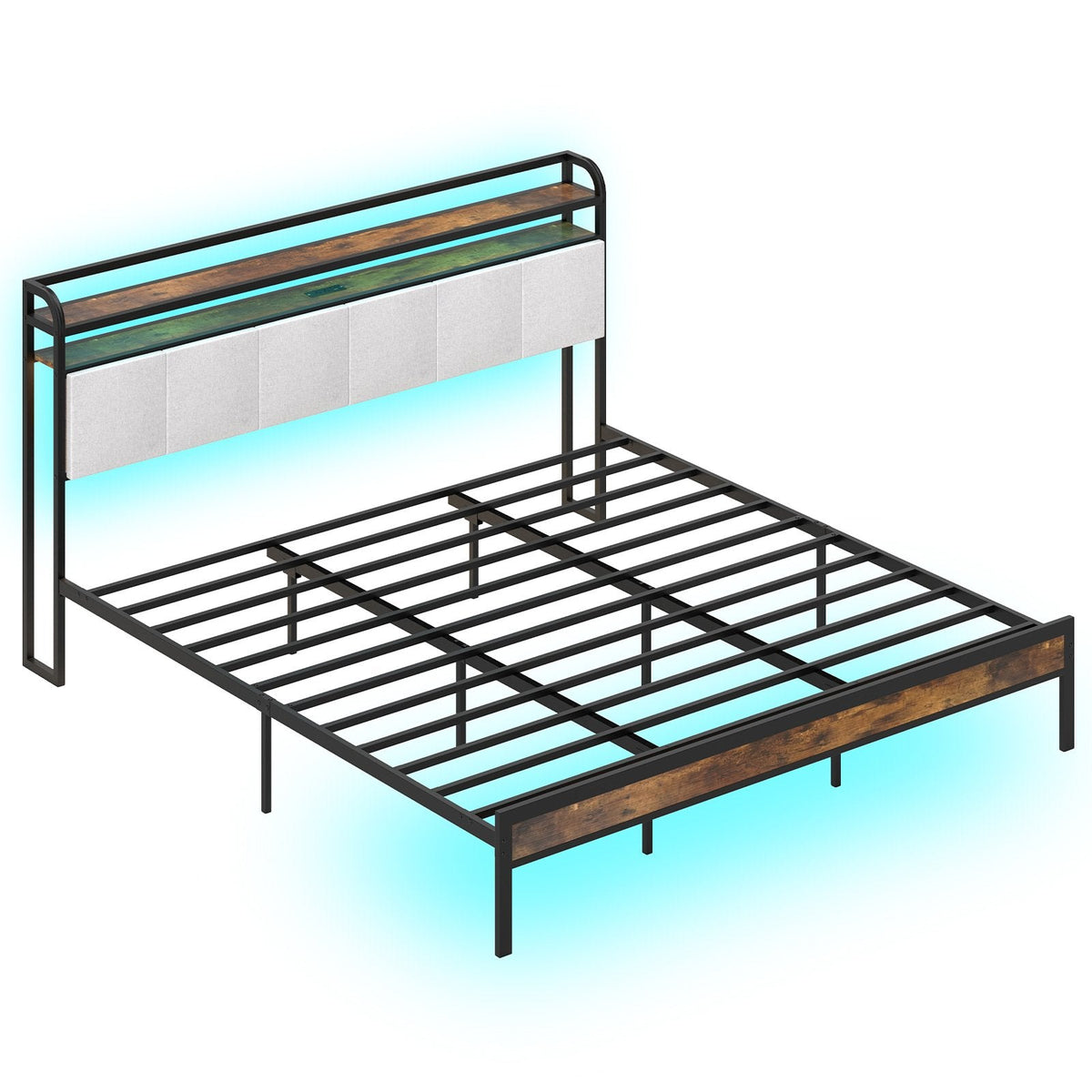 King Metal Platform Bed with LED Lights, Charging Station and Storage Headboard