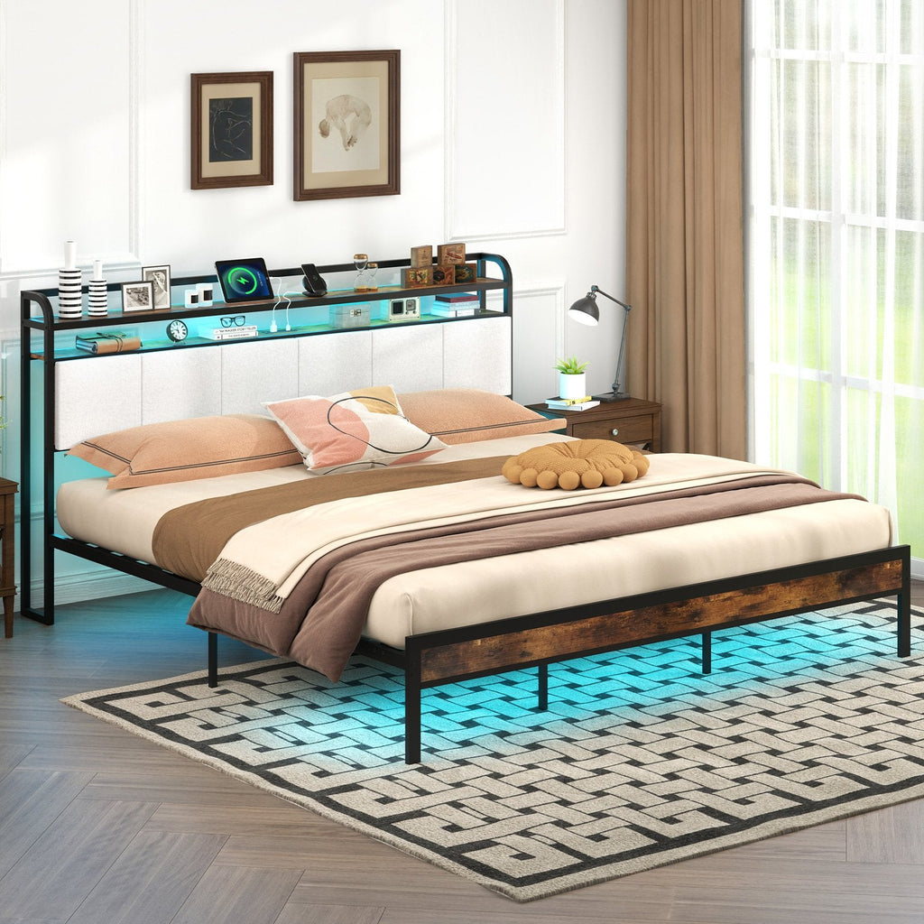 King Metal Platform Bed with LED Lights, Charging Station and Storage Headboard