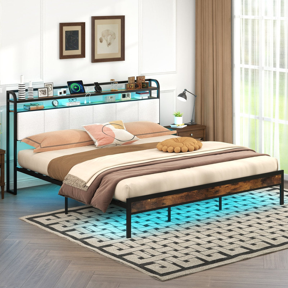 King Metal Platform Bed with LED Lights, Charging Station and Storage Headboard