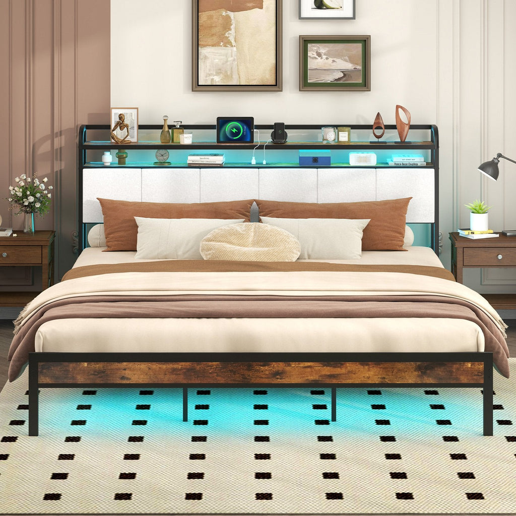King Metal Platform Bed with LED Lights, Charging Station and Storage Headboard