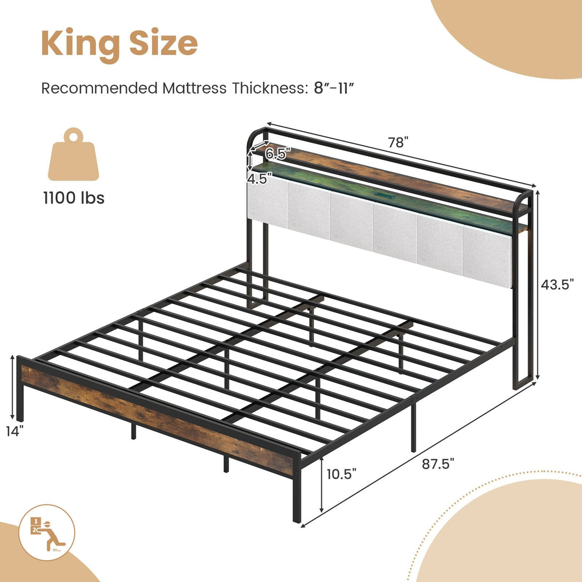 King Metal Platform Bed with LED Lights, Charging Station and Storage Headboard
