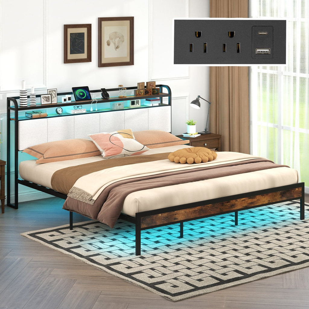 King Metal Platform Bed with LED Lights, Charging Station and Storage Headboard