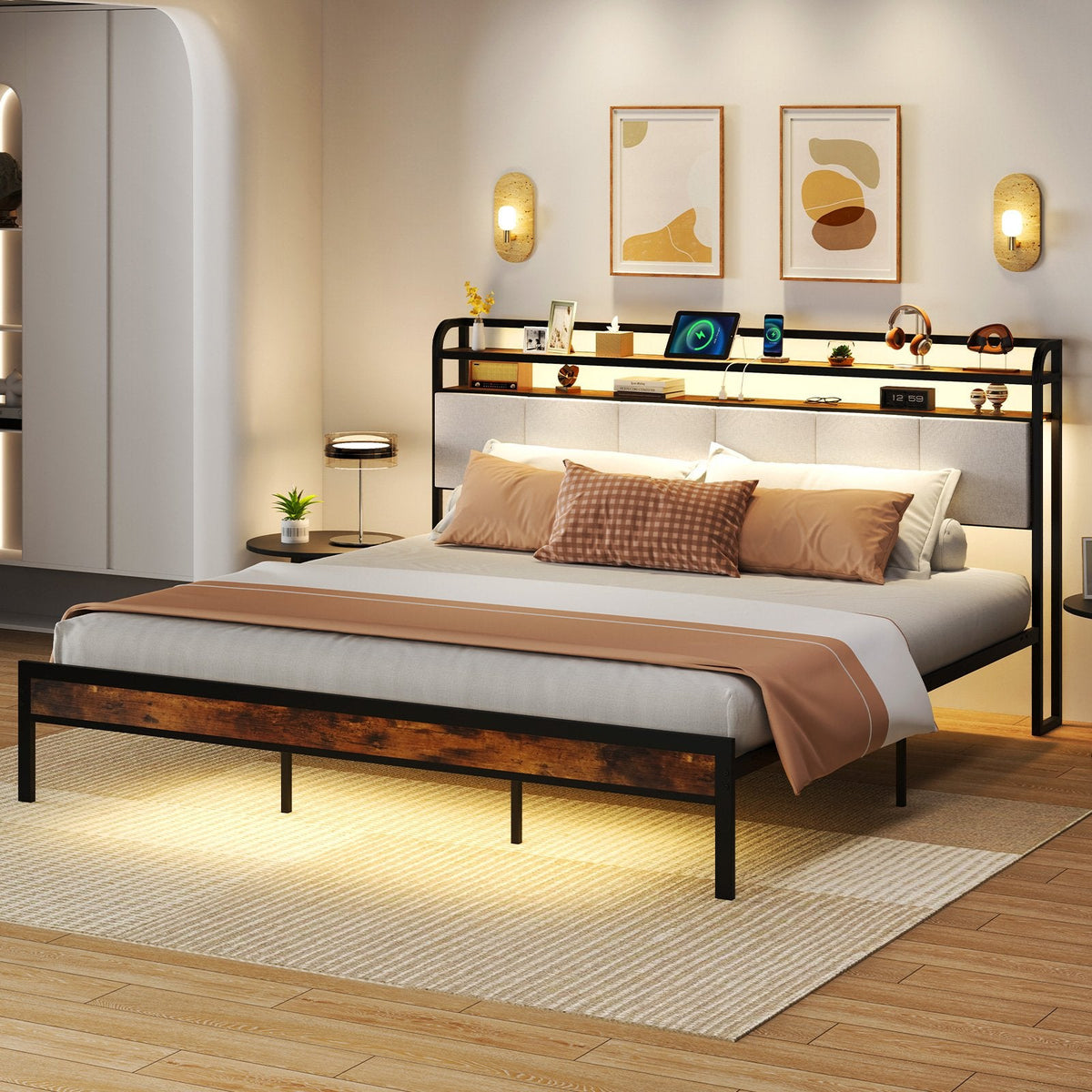 King Metal Platform Bed with LED Lights, Charging Station and Storage Headboard