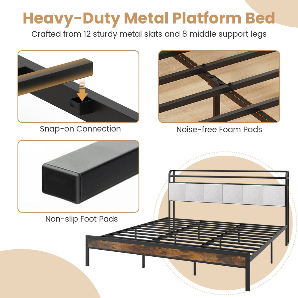 King Metal Platform Bed with LED Lights, Charging Station and Storage Headboard
