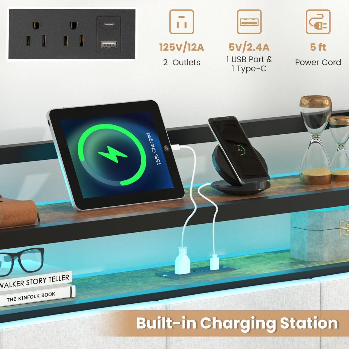 King Metal Platform Bed with LED Lights, Charging Station and Storage Headboard