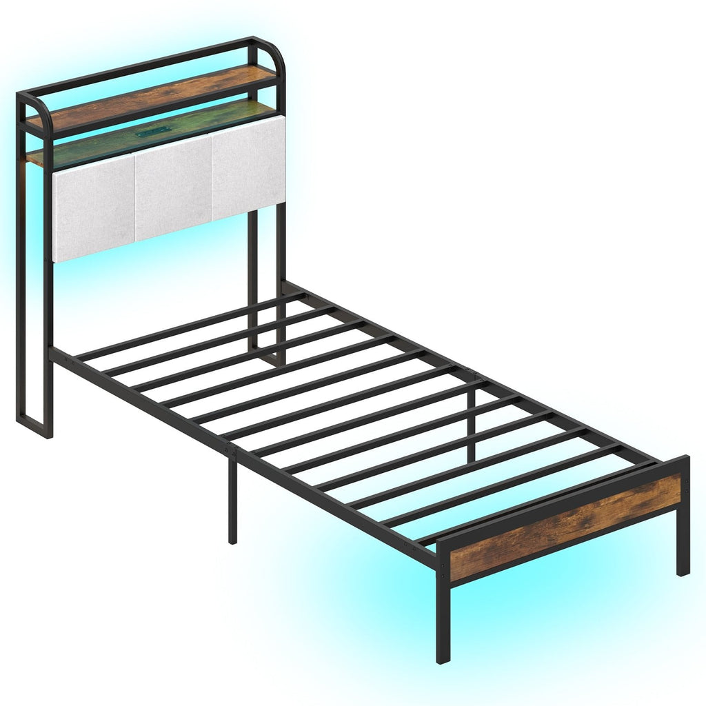 Twin Metal Platform Bed with LED Lights, Charging Station and Storage Headboard