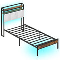 Twin Metal Platform Bed with LED Lights, Charging Station and Storage Headboard