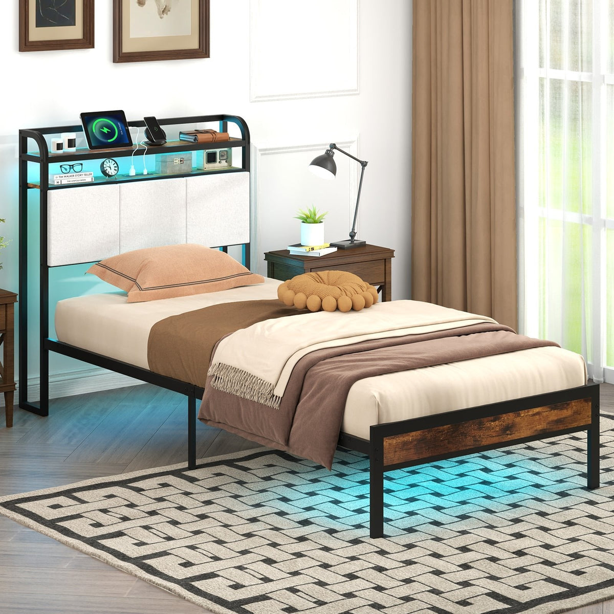 Twin Metal Platform Bed with LED Lights, Charging Station and Storage Headboard