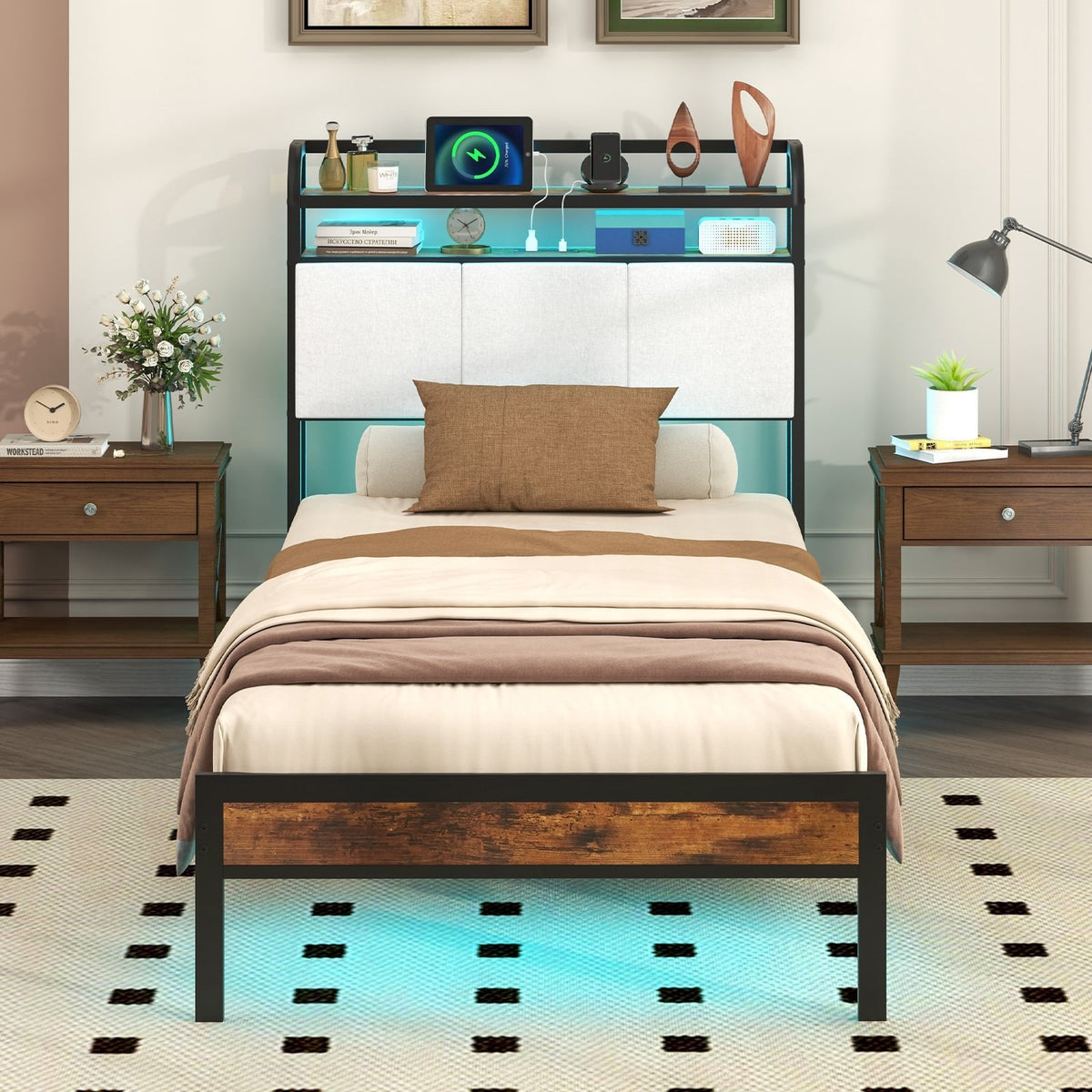 Twin Metal Platform Bed with LED Lights, Charging Station and Storage Headboard