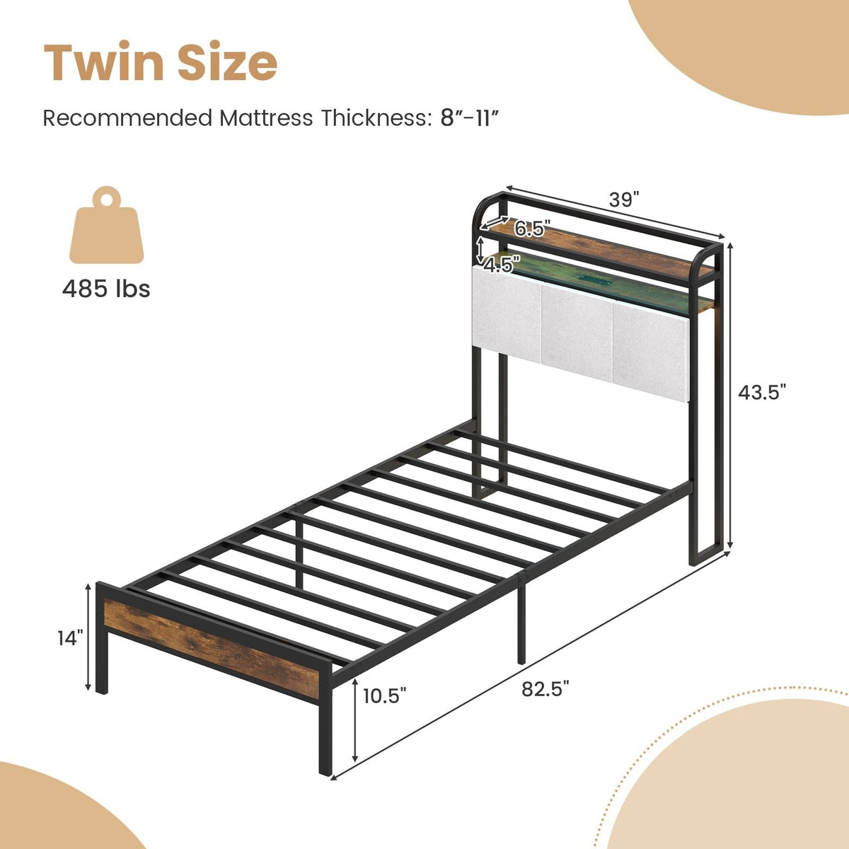 Twin Metal Platform Bed with LED Lights, Charging Station and Storage Headboard