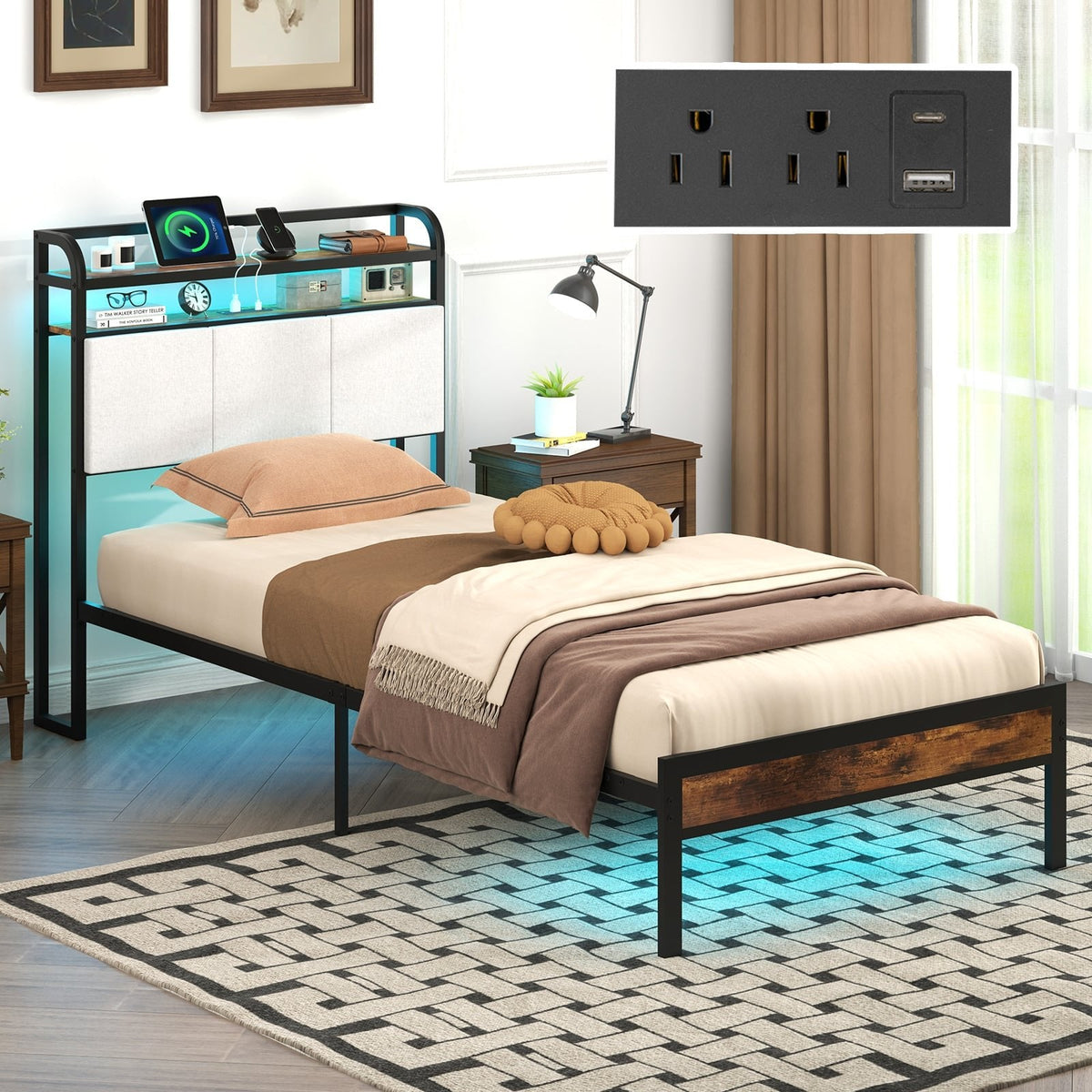 Twin Metal Platform Bed with LED Lights, Charging Station and Storage Headboard