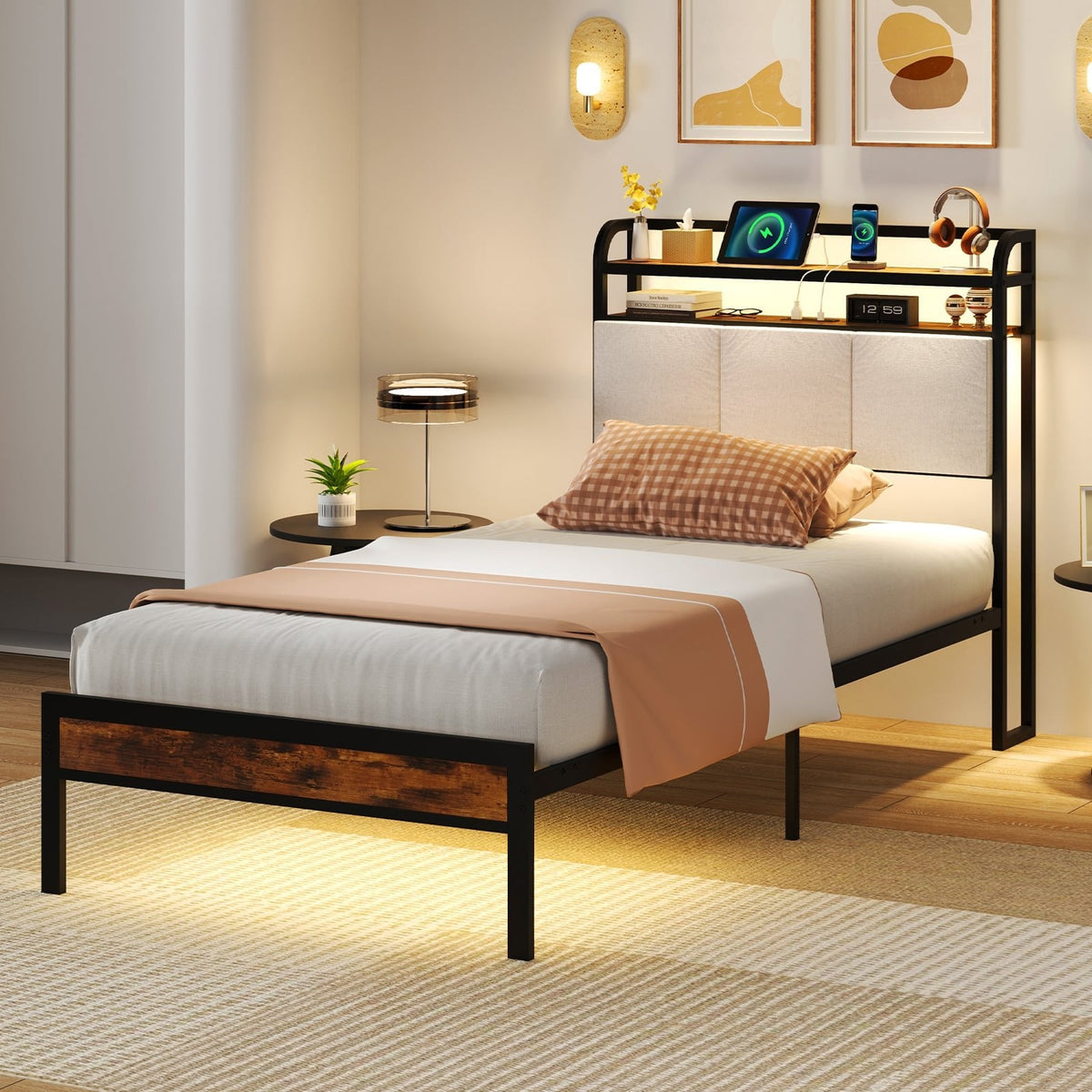 Twin Metal Platform Bed with LED Lights, Charging Station and Storage Headboard