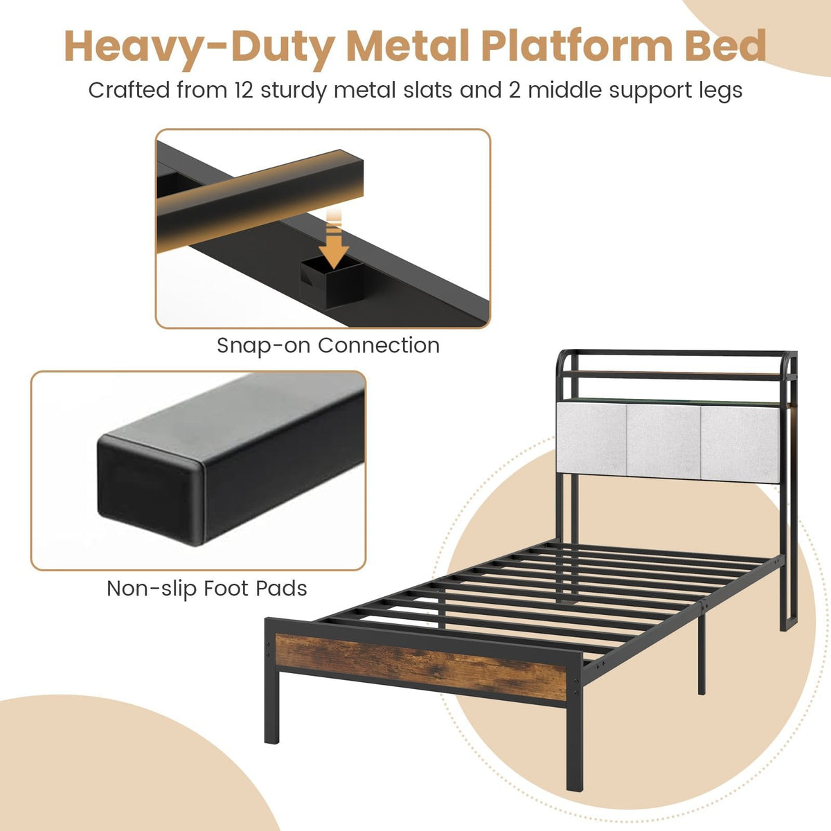Twin Metal Platform Bed with LED Lights, Charging Station and Storage Headboard