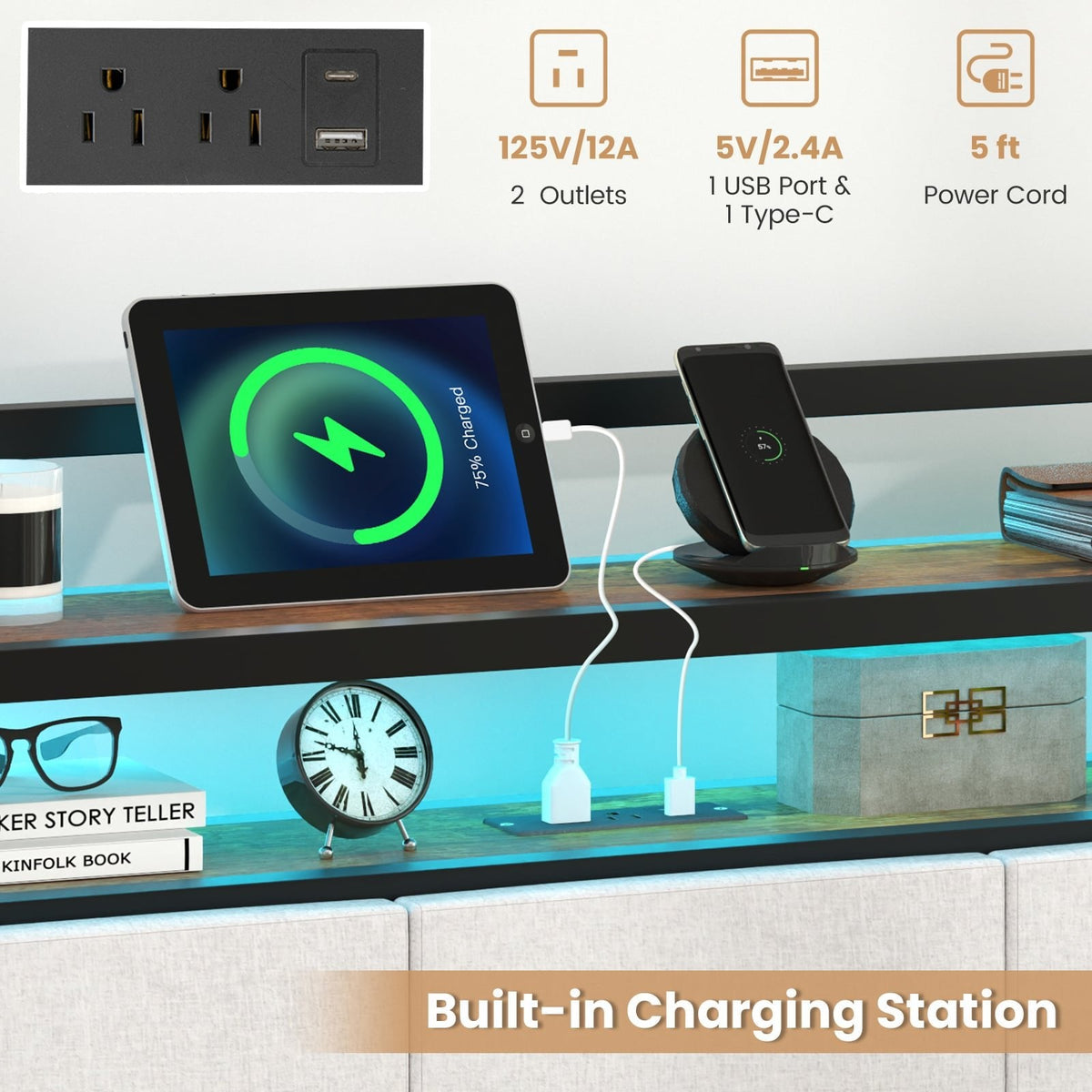Twin Metal Platform Bed with LED Lights, Charging Station and Storage Headboard