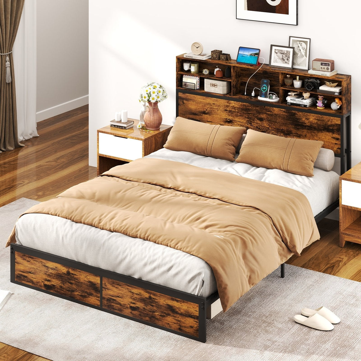 Queen Industrial Metal Bed with Storage Headboard and Charging Station