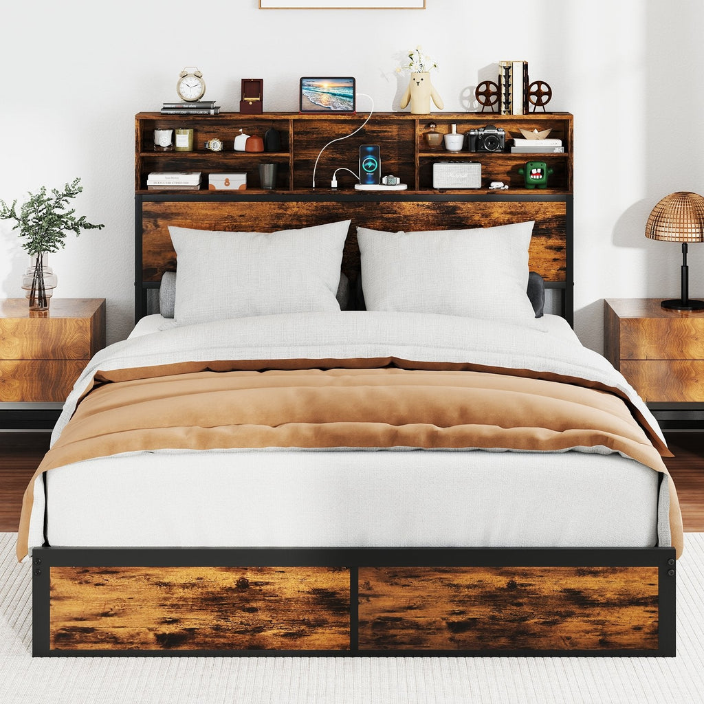 Queen Industrial Metal Bed with Storage Headboard and Charging Station