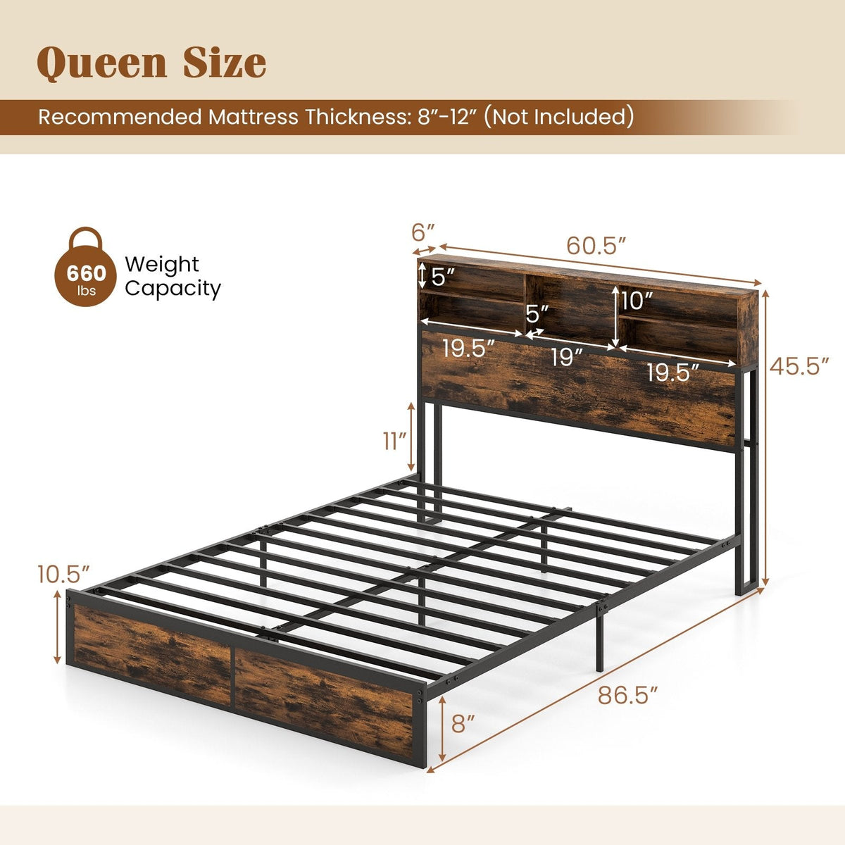 Queen Industrial Metal Bed with Storage Headboard and Charging Station