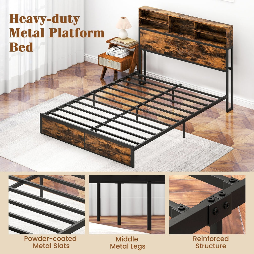 Queen Industrial Metal Bed with Storage Headboard and Charging Station