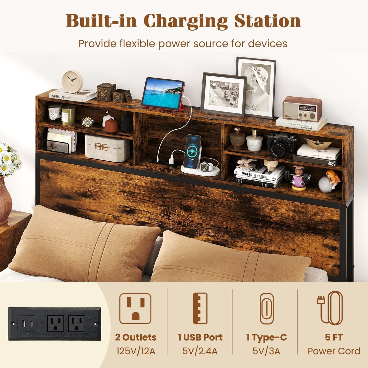 Queen Industrial Metal Bed with Storage Headboard and Charging Station