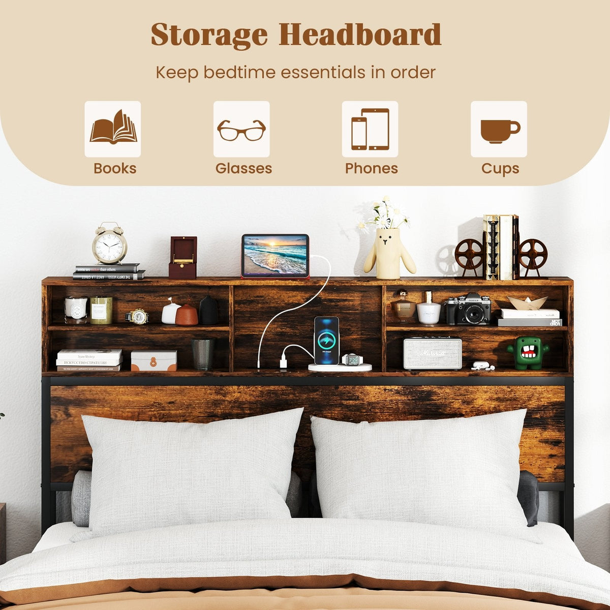 Queen Industrial Metal Bed with Storage Headboard and Charging Station