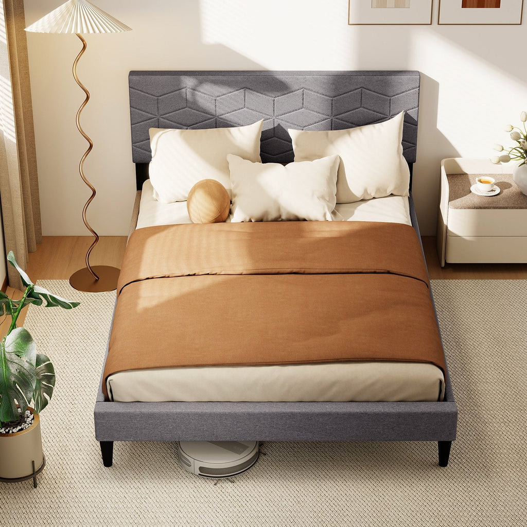 Full Linen Platform Bed with Geometric Quilted Headboard and 10 LVL Slats