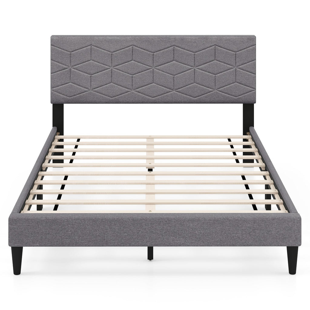 Full Linen Platform Bed with Geometric Quilted Headboard and 10 LVL Slats