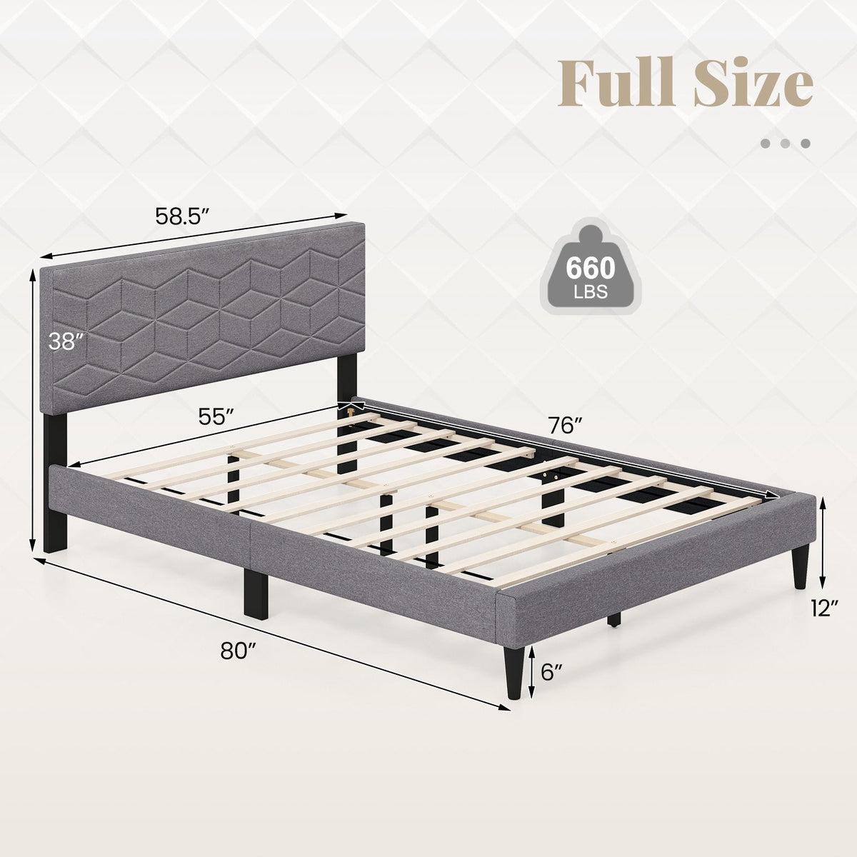 Full Linen Platform Bed with Geometric Quilted Headboard and 10 LVL Slats