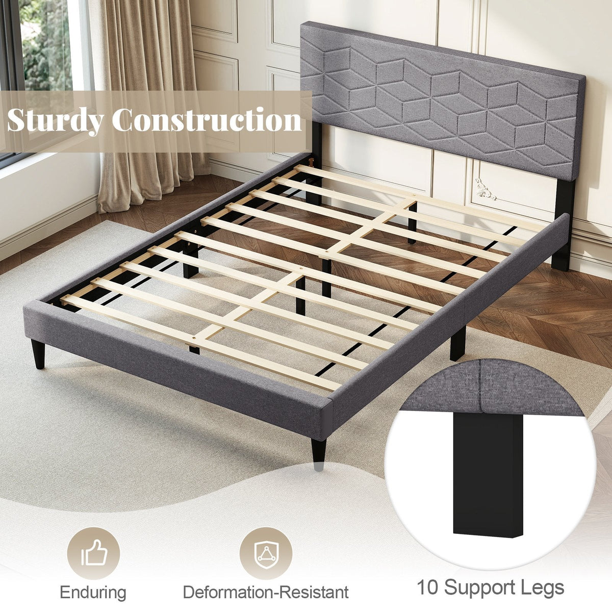 Full Linen Platform Bed with Geometric Quilted Headboard and 10 LVL Slats