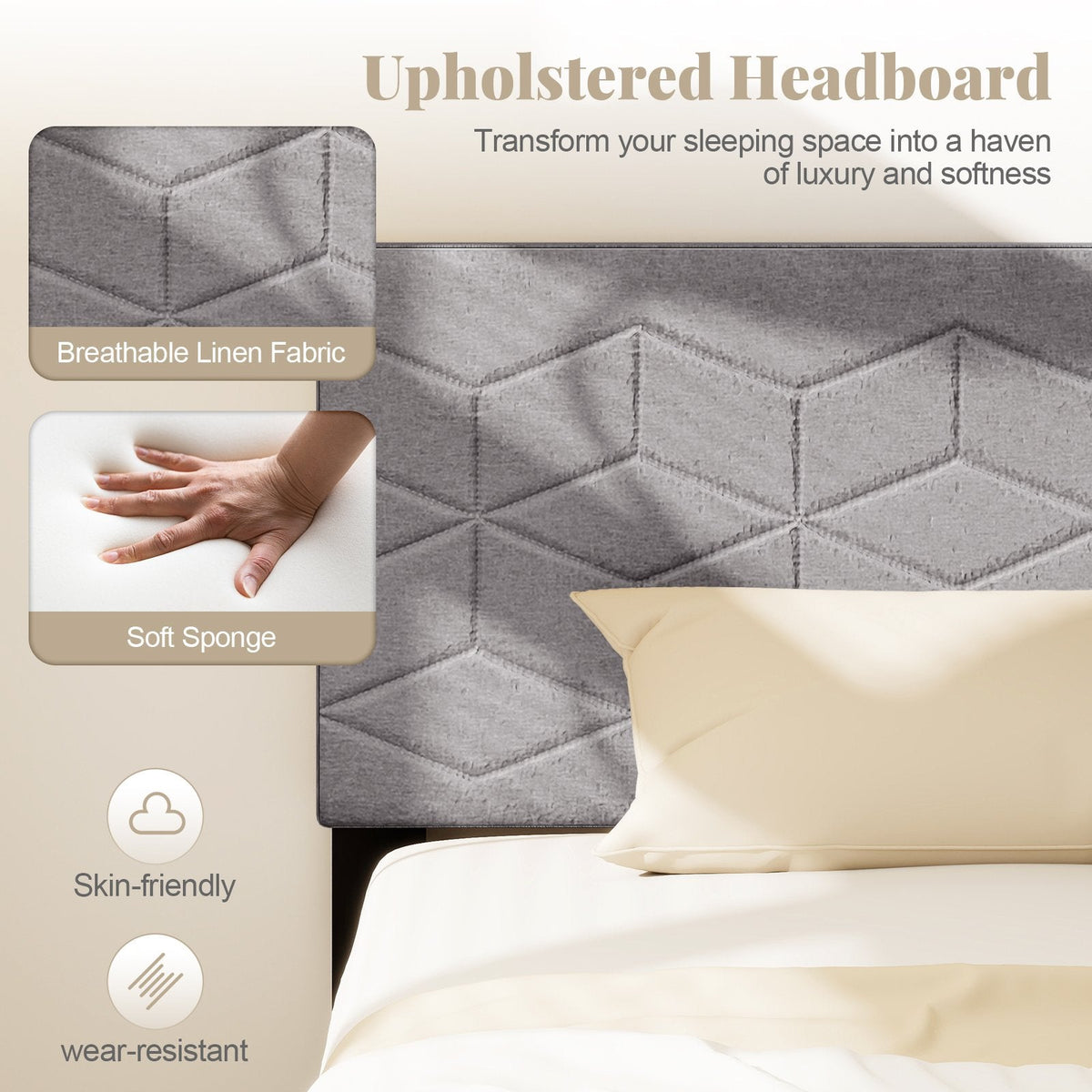 Full Linen Platform Bed with Geometric Quilted Headboard and 10 LVL Slats