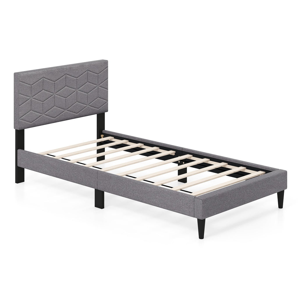 Twin Linen Platform Bed with Geometric Quilted Headboard and 10 LVL Slats