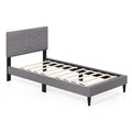 Twin Linen Platform Bed with Geometric Quilted Headboard and 10 LVL Slats