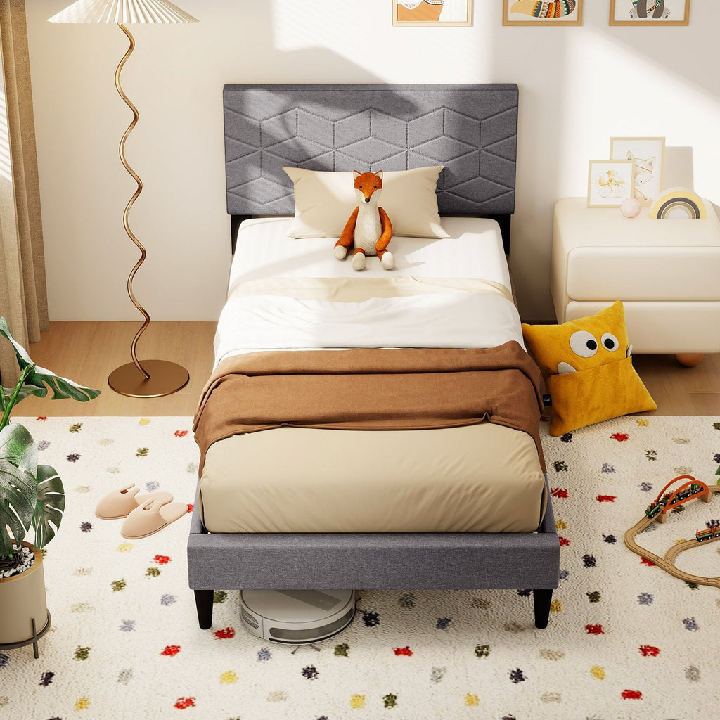 Twin Linen Platform Bed with Geometric Quilted Headboard and 10 LVL Slats
