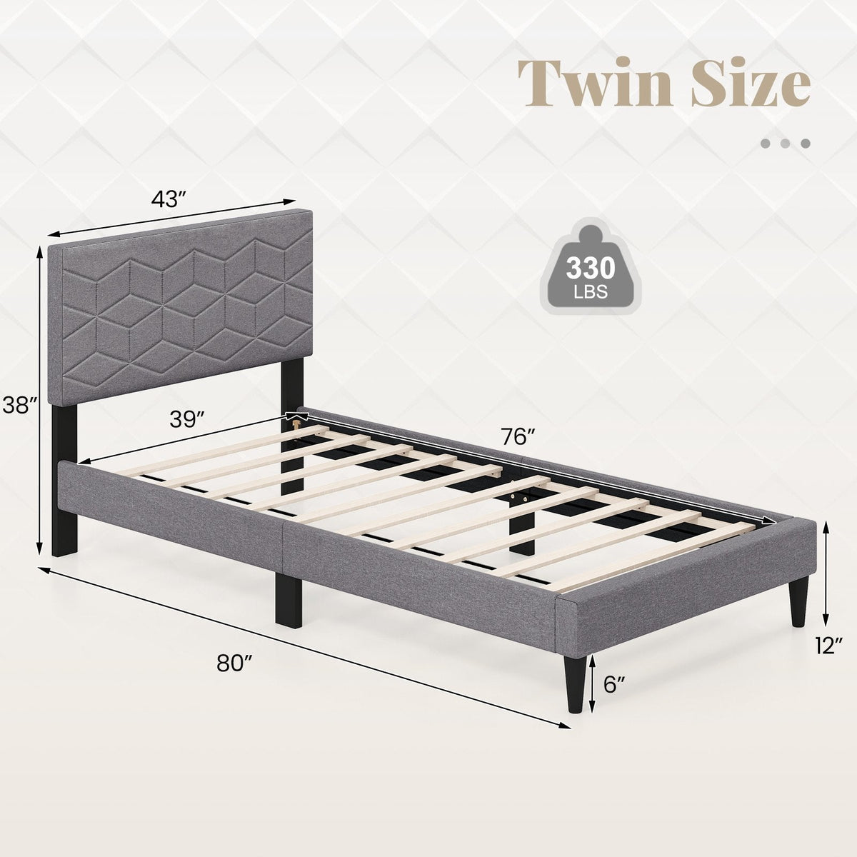 Twin Linen Platform Bed with Geometric Quilted Headboard and 10 LVL Slats