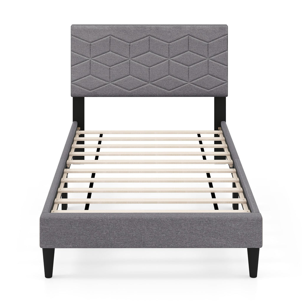 Twin Linen Platform Bed with Geometric Quilted Headboard and 10 LVL Slats
