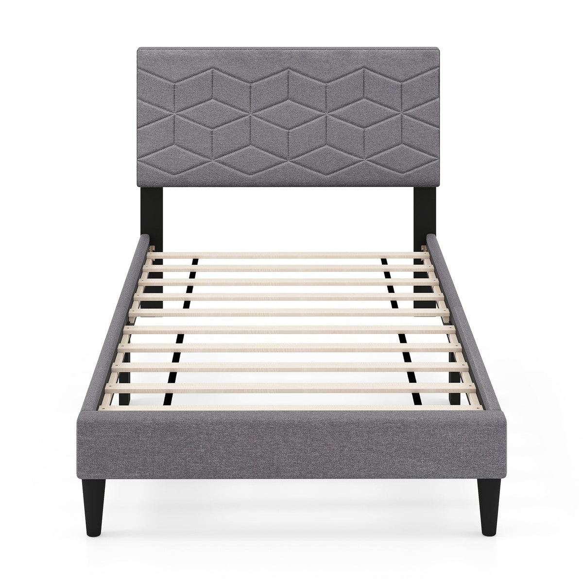 Twin Linen Platform Bed with Geometric Quilted Headboard and 10 LVL Slats
