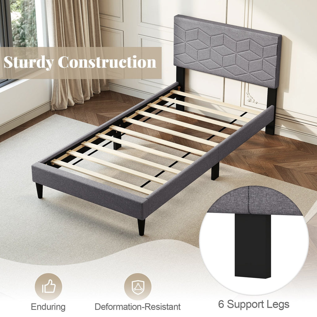 Twin Linen Platform Bed with Geometric Quilted Headboard and 10 LVL Slats