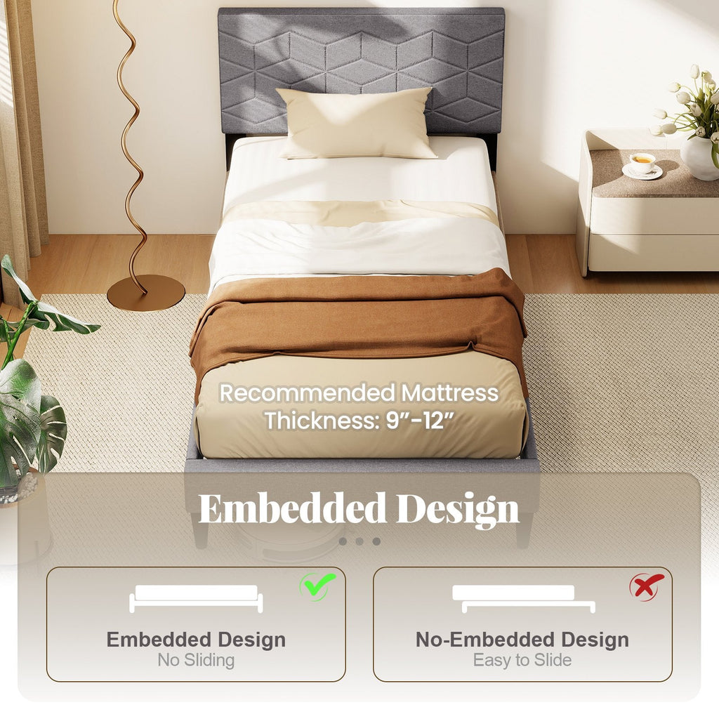 Twin Linen Platform Bed with Geometric Quilted Headboard and 10 LVL Slats